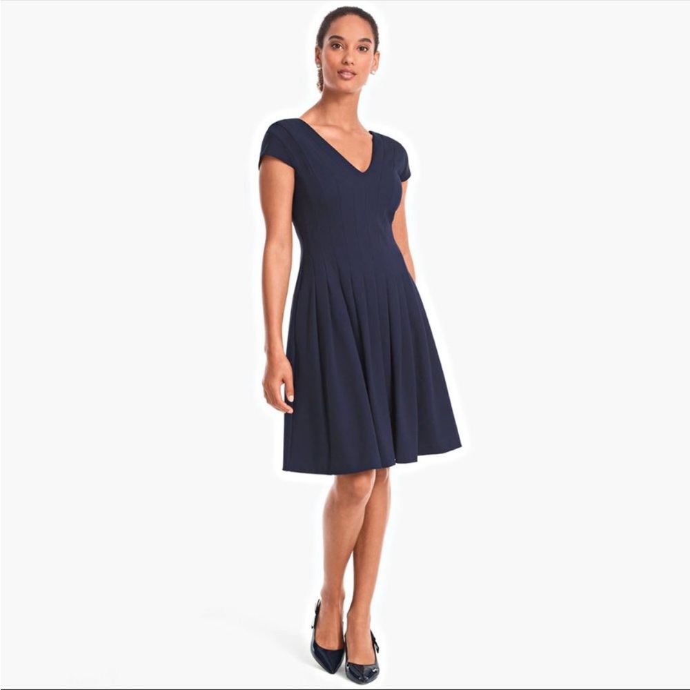 White House Black Market Seamed V-Neck Fit-and-Flare Dress 
Officer Navy Blue